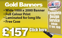 Gold Banner. Wide 1000 x 2000 banner, full colour print, Laminated for long life, FREE case Cllick here!